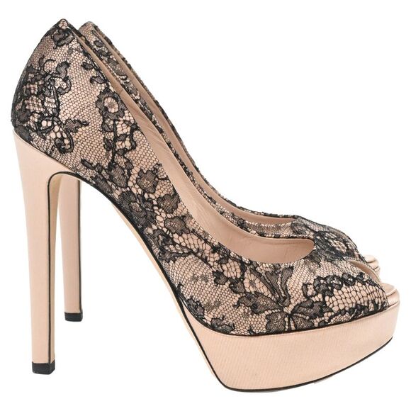 Dior Lace Detail Peep-Toe Pumps in Nude and Black Polyester - Picture 1 of 8